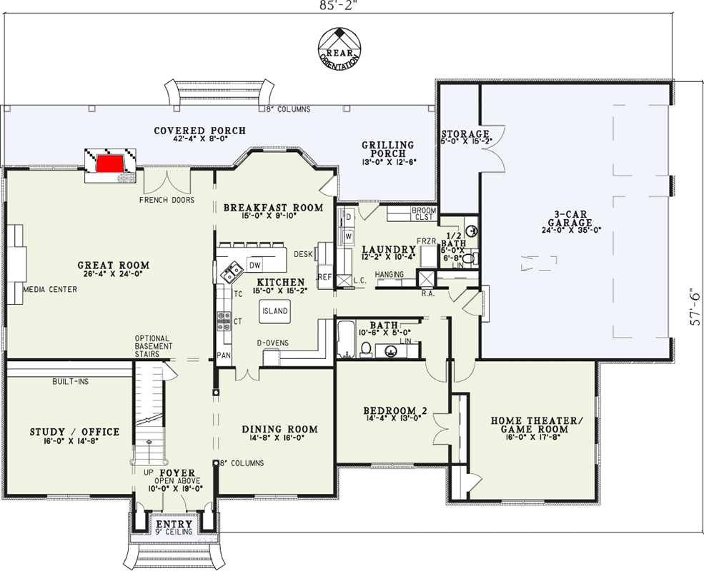 Plan 59663ND: Stately Traditional House Plan with 4 Beds, Home Office, and Three-Car Garage - Floor Plan - Main Level - Traditional