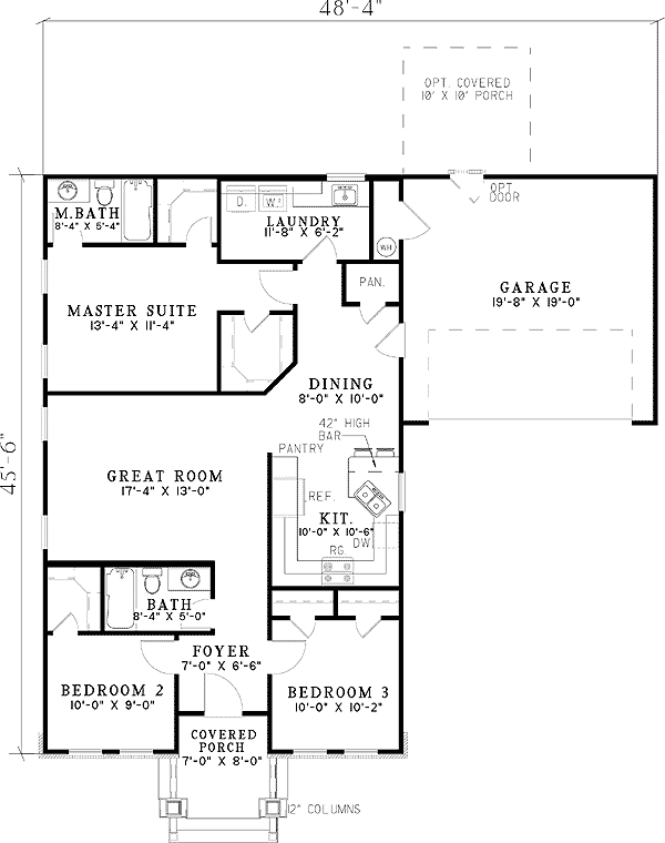 Plan 59735ND: 3 Bed House Plan with Optional Covered Porch - 1252 Sq Ft - Floor Plan - Main Level - Cottage, Traditional