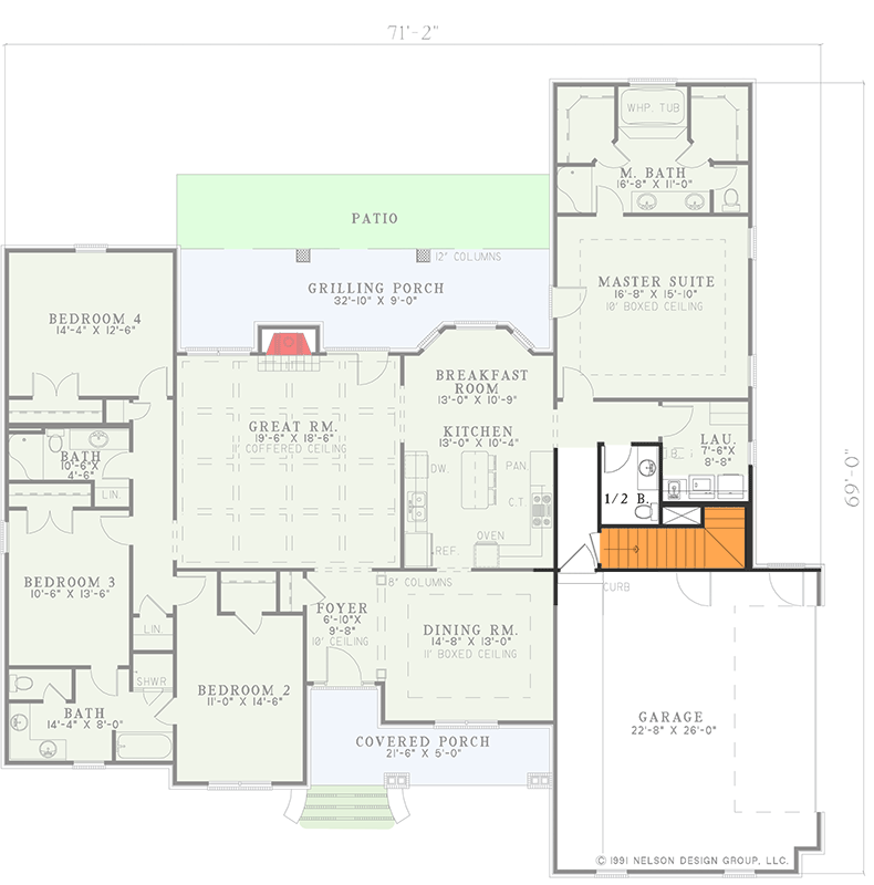 Plan 59885ND: Elegant Southern Ranch House Plan: 4 Beds, Formal Dining, Coffered Great Room - Floor Plan - Basement Stairs Location - Ranch, Southern, Traditional