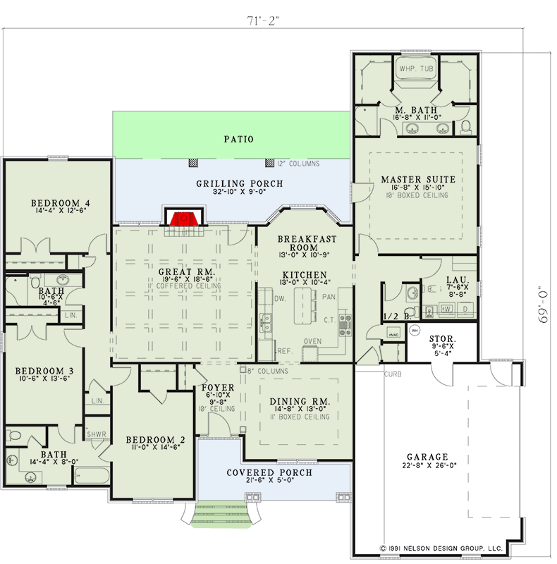 Plan 59885ND: Elegant Southern Ranch House Plan: 4 Beds, Formal Dining, Coffered Great Room - Floor Plan - Main Level - Ranch, Southern, Traditional
