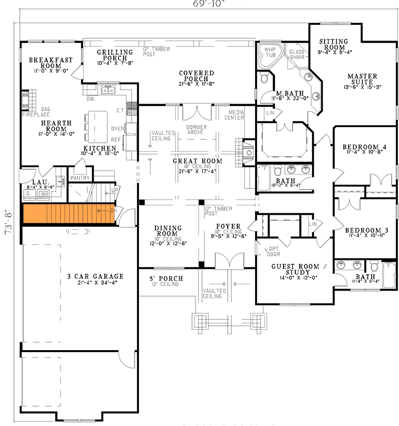 Plan 59979ND: Rustic One-Story Craftsman Home Plan with Beautiful Vaulted Entry - Floor Plan - Basement Stairs Location - Country, Craftsman, Ranch, Rustic