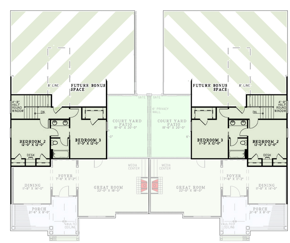Plan 60509ND: Spacious Duplex with Courtyard and Bonus Space Options - Floor Plan - 2nd Floor - Traditional
