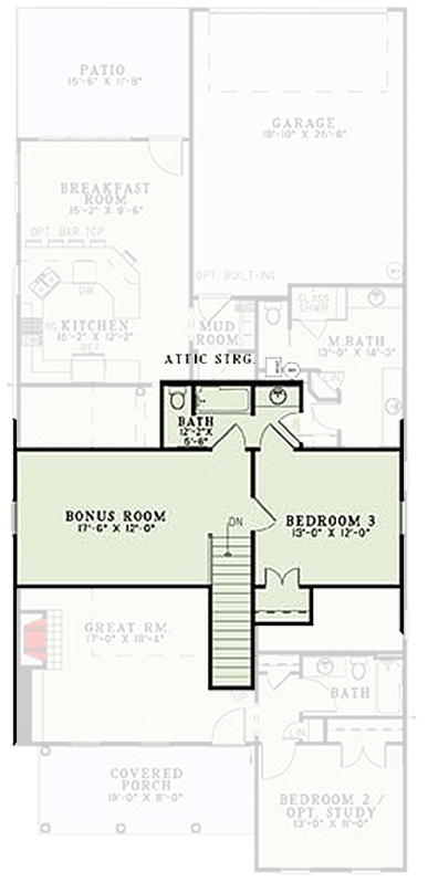 Plan 60517ND: Country Cottage House Plan with Main-Level Master and Bonus Room - Floor Plan - Bonus - Cottage, Country, Southern