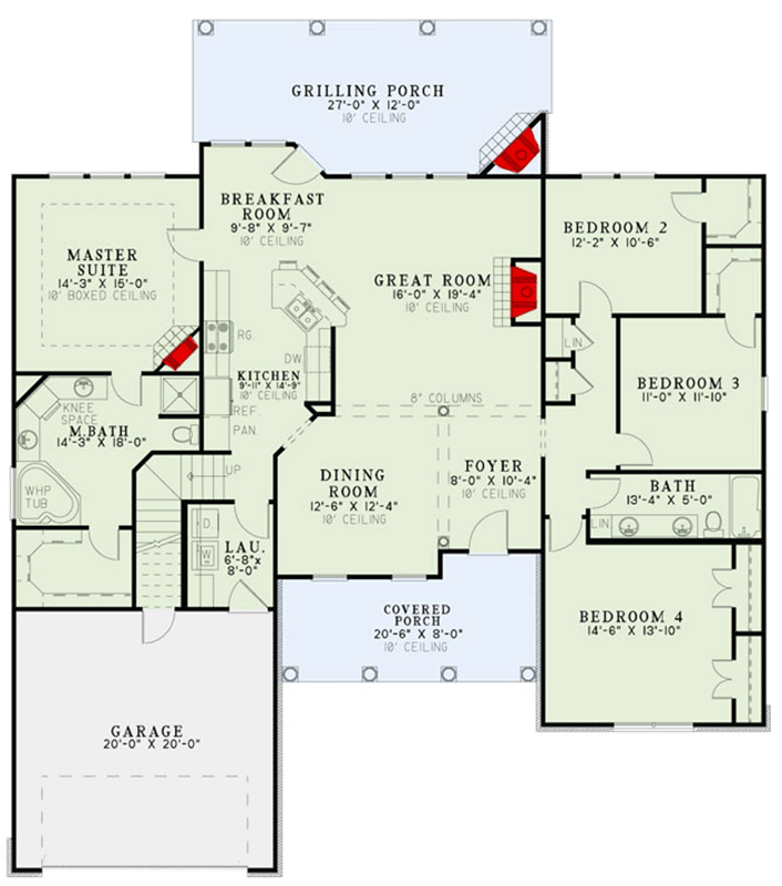 Plan 60531ND: 4-Bedroom Southern Traditional House Plan with Bonus and Outdoor Fireplace - Floor Plan - Main Level - Rustic, Southern, Traditional