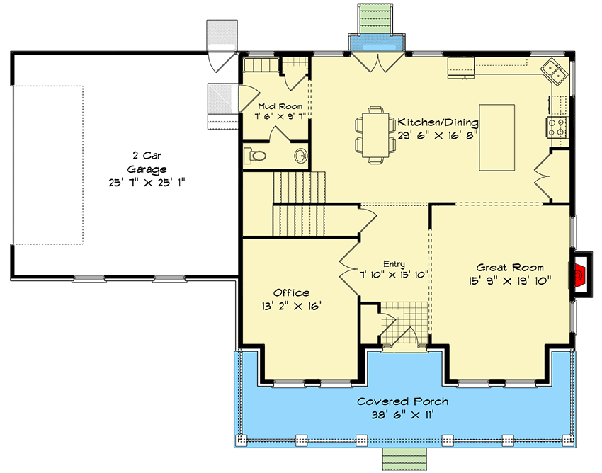 Plan 61270UT: Country Home Plan with Huge Bonus Room - Floor Plan - Main Level - Traditional
