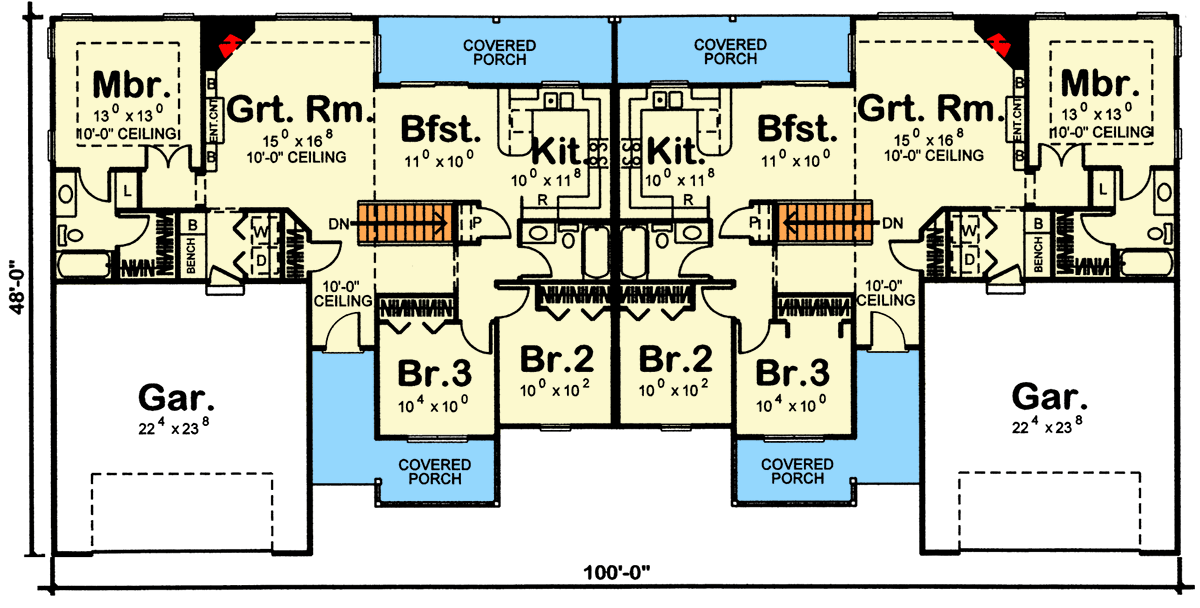 Plan 62405DJ: One-Story Two-Family House Plan - Floor Plan - Main Level
