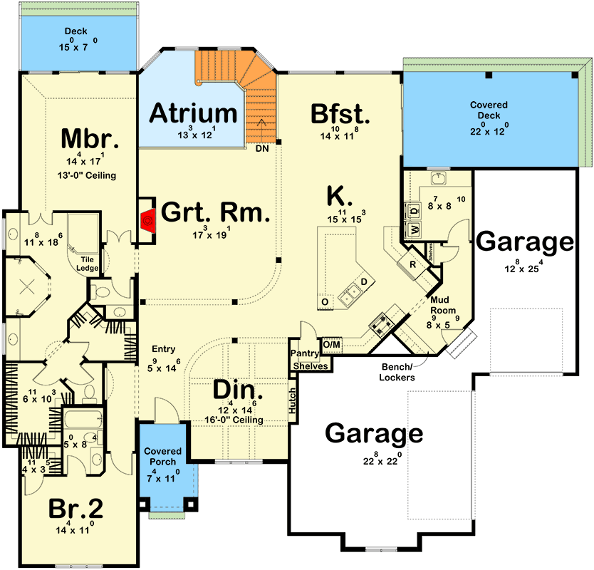 Plan 62494DJ: 2-Bed Mediterranean House Plan with Atrium and Covered Deck - Floor Plan - Main Level - European, Mediterranean