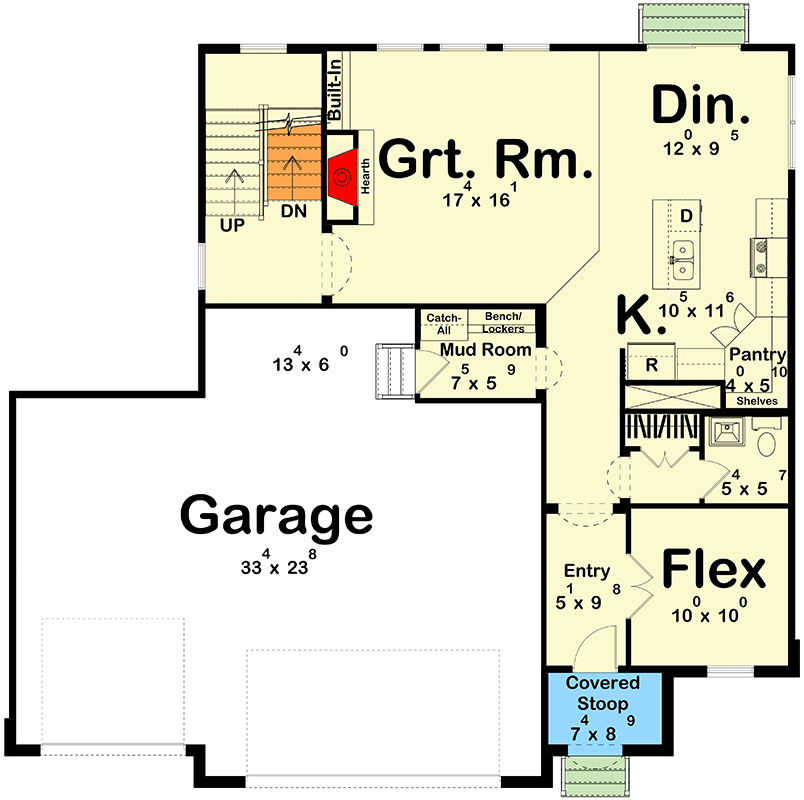 Plan 62509DJ: Two-Story European House Plan with Flex Room and Four Bedrooms - 2407 Sq Ft - Floor Plan - Main Level - European, Tudor