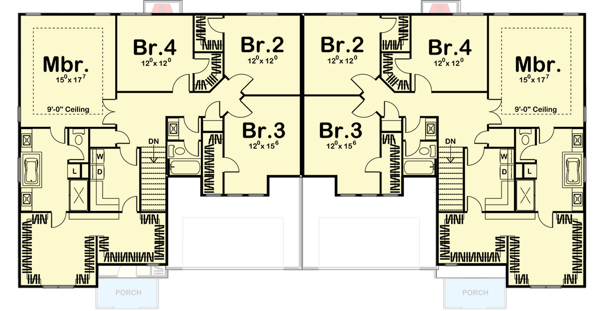 Plan 62521DJ: Stunning Mountain New American Duplex Plan with Four Spacious Bedrooms Per Unit - Floor Plan - 2nd Floor - Mountain, New American