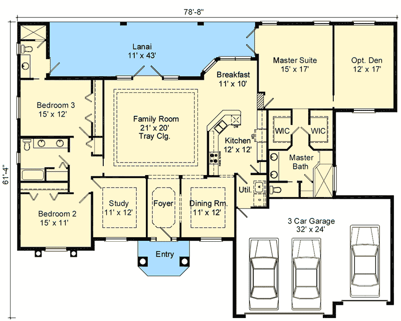 Plan 64303BT: Split Bedroom Mediterranean - Floor Plan - Main Level - Florida-Style, Mediterranean
