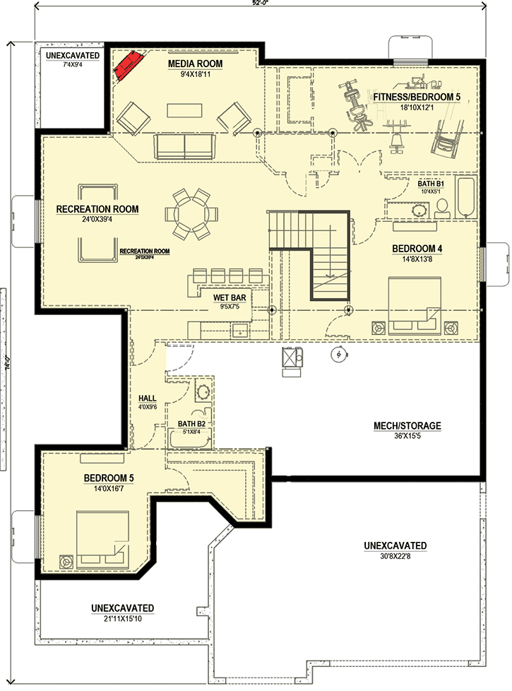 Plan 64403SC: Exciting European House Plan - Floor Plan - Lower Level - European