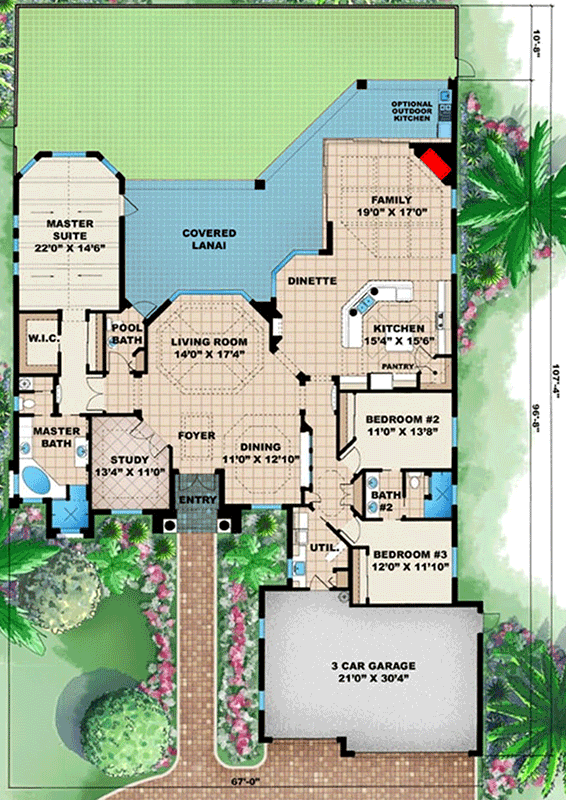 Plan 66004WE: Mediterranean Florida-Style House Plan with 3 Bedrooms and Covered Lanai - Floor Plan - Main Level - Florida-Style, Mediterranean