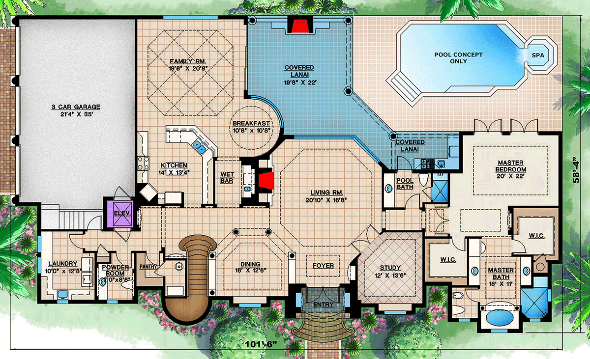 Plan 66015WE: Luxurious Mediterranean House Plan with Four Bedrooms and Three-Car Garage - Floor Plan - Main Level - European, Florida-Style, Mediterranean