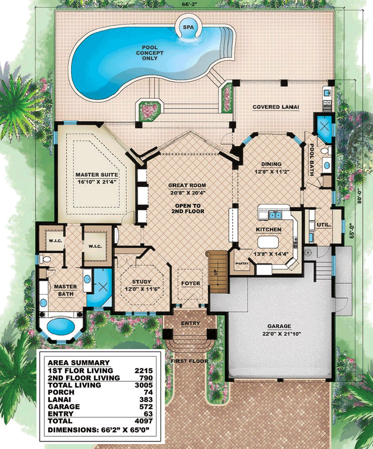 Plan 66064WE: Impeccable Detail - Floor Plan - Main Level - Florida-Style, Mediterranean