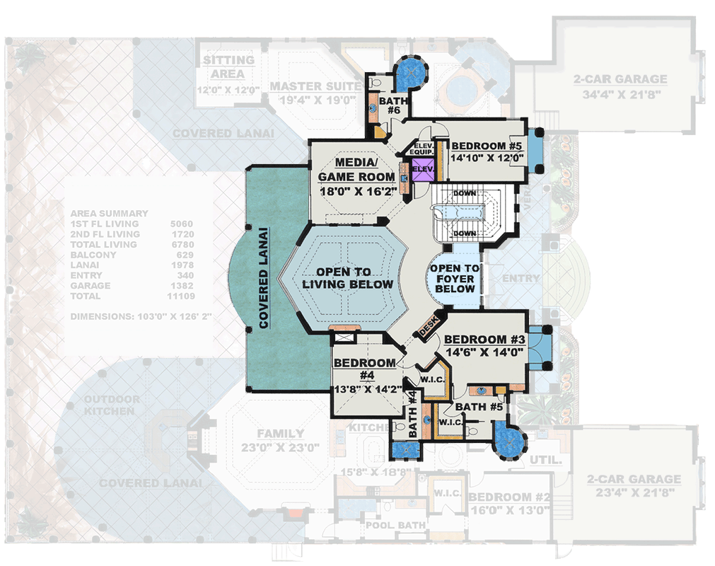 Plan 66070WE: Grand European Estate House Plan: 5 Beds, 6.5 Baths, 6780 Sq Ft with Outdoor Kitchen and Media Room - Floor Plan - 2nd Floor - Florida-Style, Mediterranean
