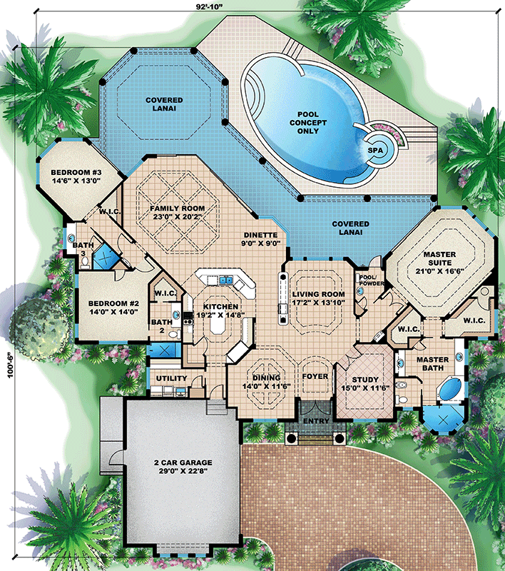 Plan 66096WE: Coastal Mediterranean House Plan with 3 Bedrooms and Expansive Lanai - Floor Plan - Image #3 - Coastal, Florida-Style, Mediterranean