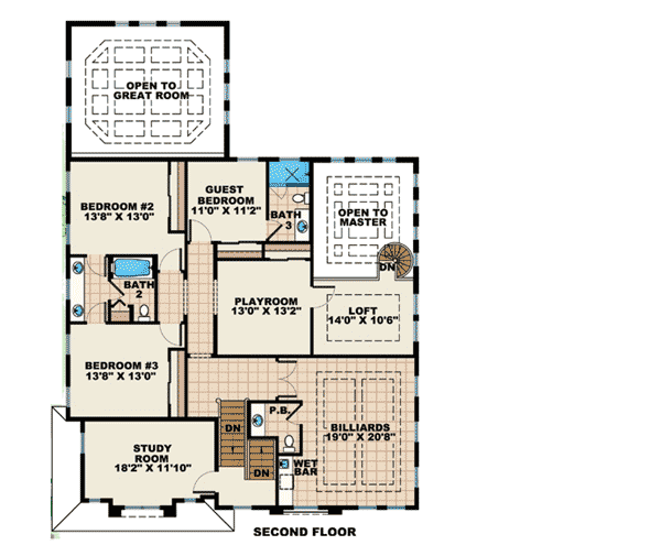 Plan 66182WE: Soaring Great Room - Floor Plan - 2nd Floor - Mediterranean