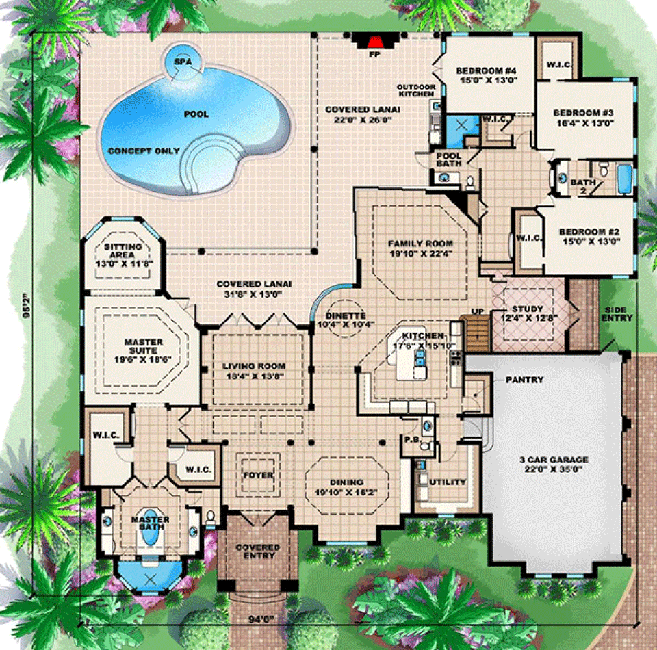 Plan 66187WE: Open Feel and Balance of Space - Floor Plan - Main Level - Florida-Style, Mediterranean