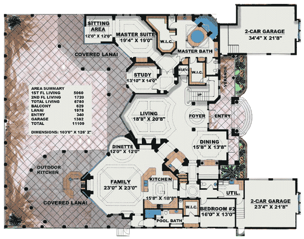 Plan 66230WE: Two-Story Stunner - 6780 Sq Ft - Floor Plan - Main Level - European, Florida-Style