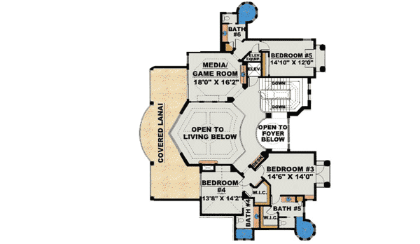Plan 66230WE: Two-Story Stunner - 6780 Sq Ft - Floor Plan - 2nd Floor - European, Florida-Style