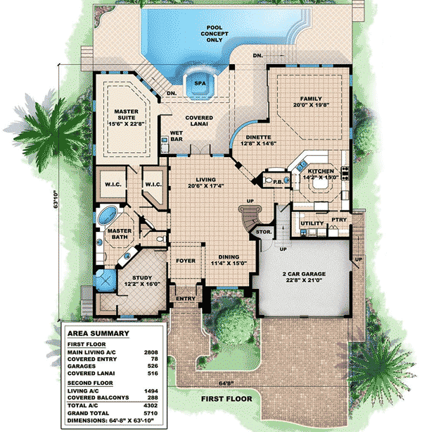 Plan 66258WE: Loft Plus Lanai Equals Fun - Floor Plan - Main Level - Florida-Style, Mediterranean