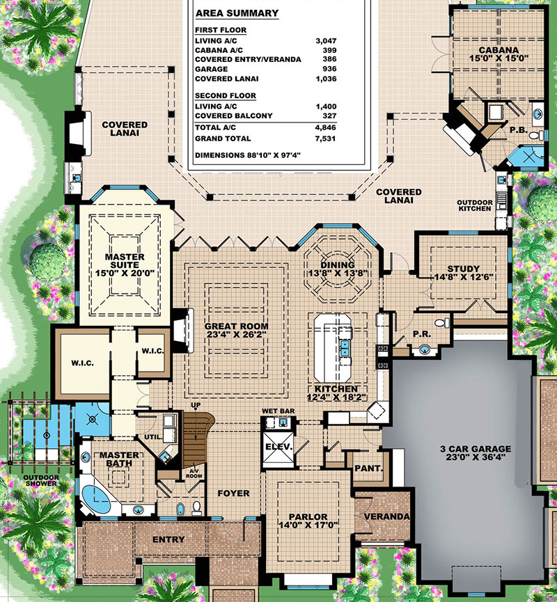 Plan 66354WE: High End Florida House Plan - Floor Plan - Main Level - European, Florida-Style