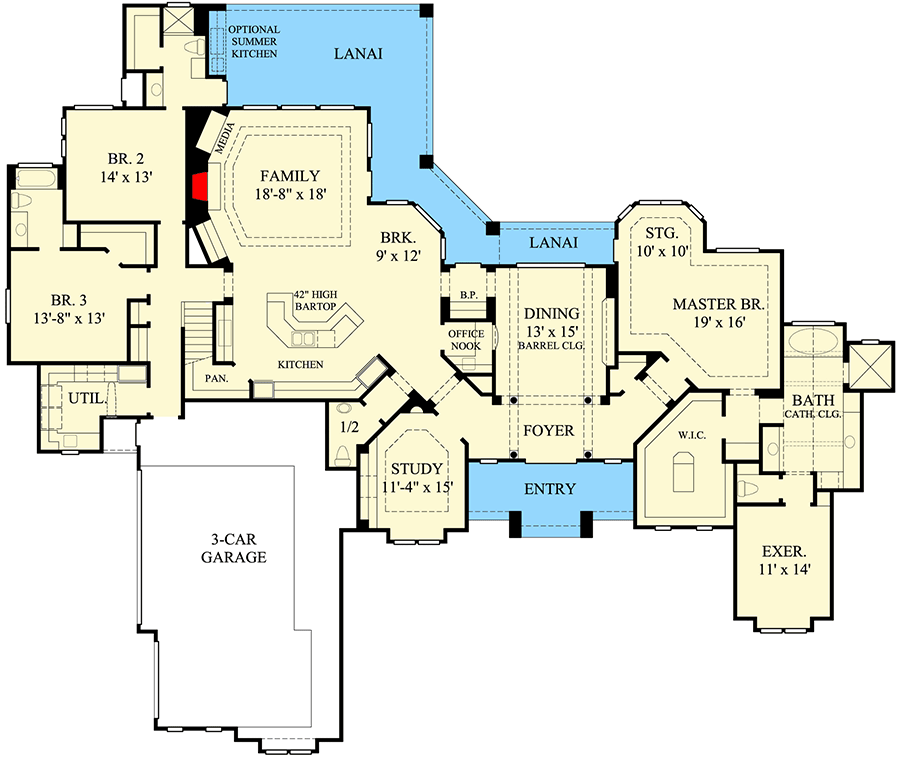 Plan 67045GL: 4-Bed House Plan with Wood and Stone Exterior Under 3900 Square Feet - Floor Plan - Main Level - European, Traditional