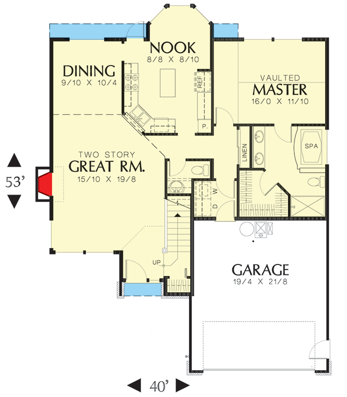 Plan 6824AM: Contemporary Home Designed for Narrow Lot - Floor Plan - Main Level - Northwest, Traditional