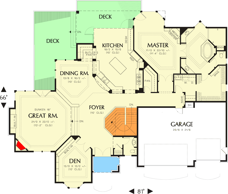 Plan 69026AM: European Home Plan For Sloping Lot - Floor Plan - Main Level - European, Northwest