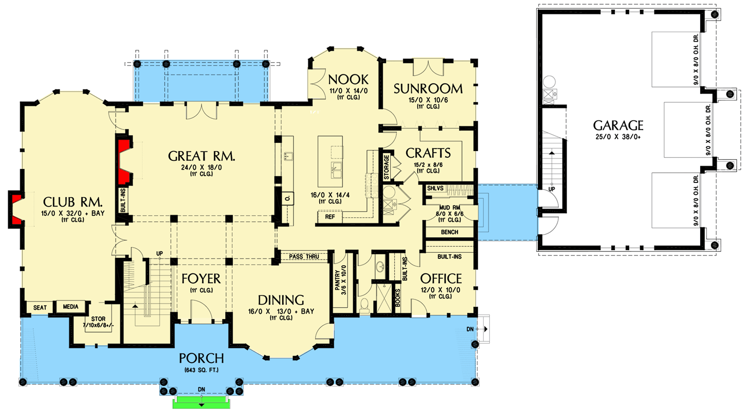 Plan 69078AM: Farmhouse With Lots of Amenities - 5180 Sq Ft - Floor Plan - Main Level - Country, Farmhouse, Traditional