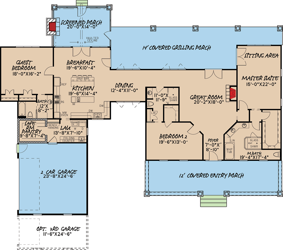 Plan 70516MK: 3 Bed Country Home Plan with 2 Porches - Floor Plan - Main Level - Country, Southern
