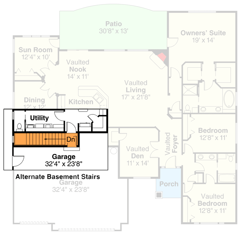 Plan 72084DA: Charming 2561 sq ft 3 Bed 2 Bath Ranch House Plan with a 3 Car Garage and Vaulted Living Area. - Floor Plan - Basement Stairs Location - Ranch, Traditional