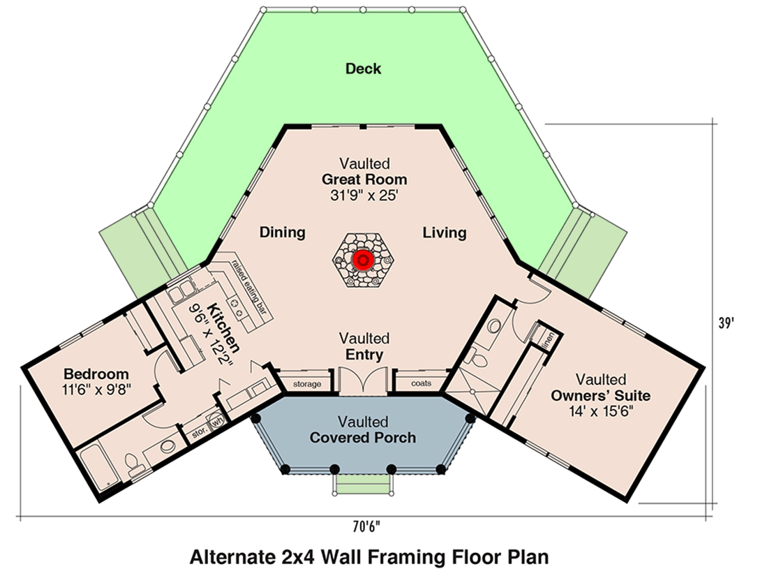 Plan 72162DA: Charming Two Bedroom Log Cabin House Plan with Wraparound Porch - Floor Plan - Main Level - 2x4 Wall Framing ($ Paid Option) - Cabin, Log Cabin, Vacation