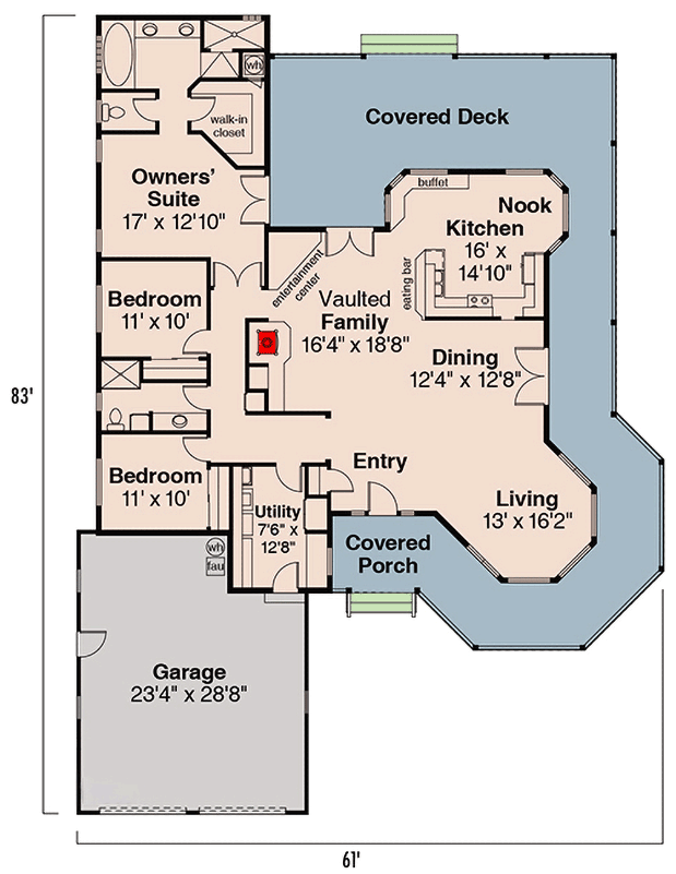 Plan 72233DA: Ranch House Plan with Wrap Around Porch and Vaulted Family Room - Floor Plan - Main Level - Country, Ranch, Traditional