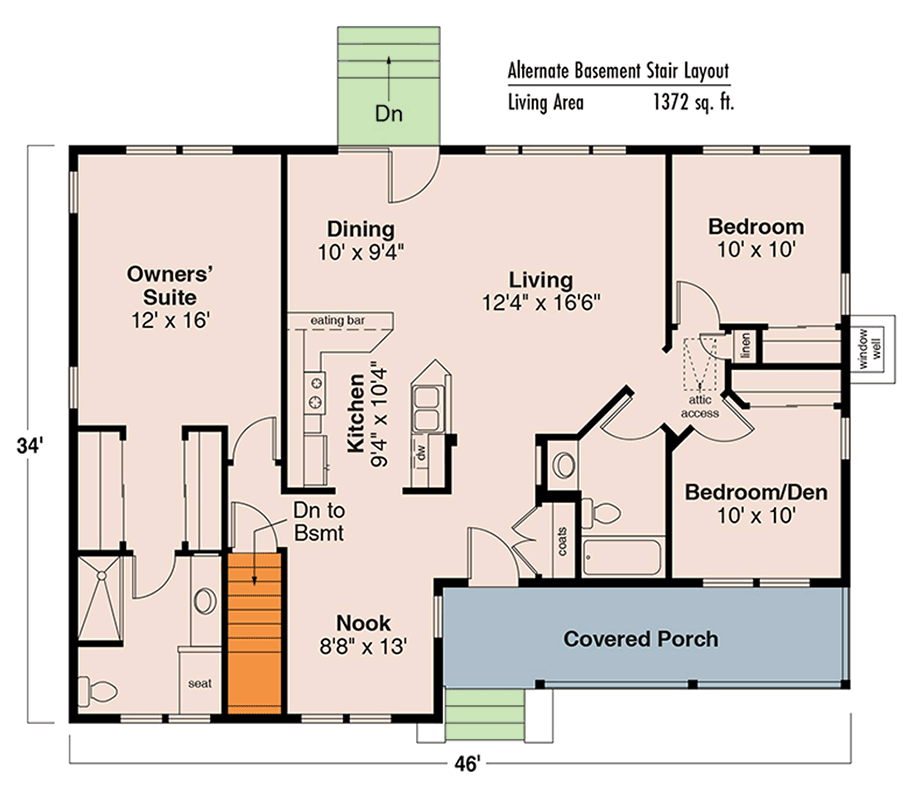 Plan 72360DA: Inviting Country Ranch House Plan with Open Concept and Split Bedrooms - Floor Plan - Basement Stairs Location - Country, Ranch, Traditional