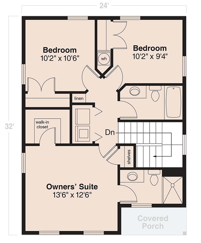 Plan 72372DA: Compact Narrow Two-Story House Plan with Clustered Bedroom Layot - 1331 Sq Ft - Floor Plan - 2nd Floor - Country, Traditional