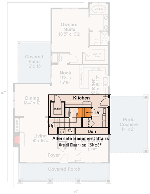 Plan 72549DA: Bungalow House Plan with Three Bedrooms and Porte Cochere - Floor Plan - Basement Stairs Location - Bungalow, Craftsman, Northwest