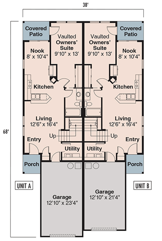 Plan 72665DA: Craftsman Duplex Home Plan - Floor Plan - Main Level - Country, Craftsman, Traditional