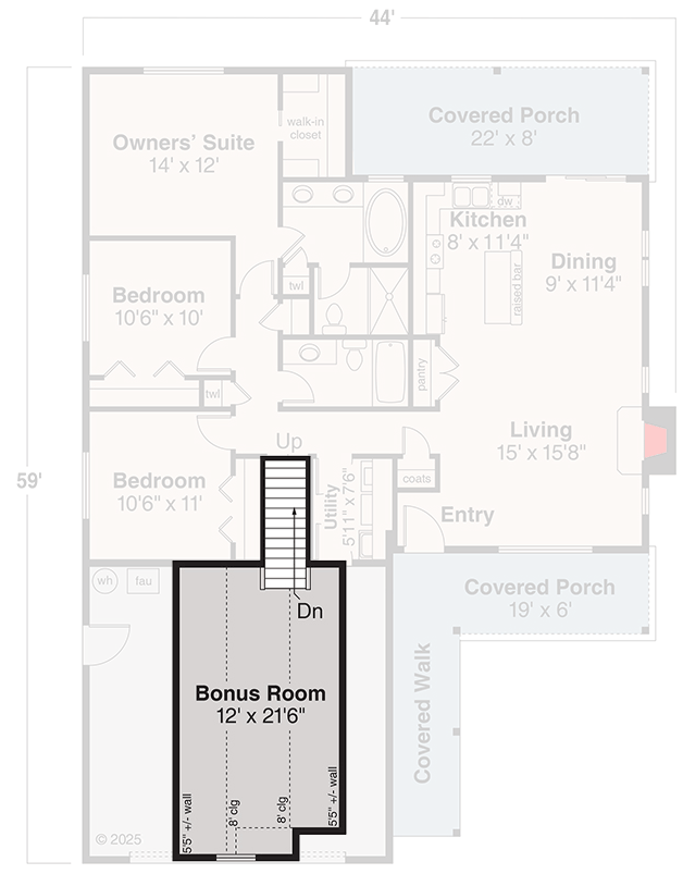 Plan 72697DA: Compact Ranch House Plan with Rear Patio - 1369 Sq Ft - Floor Plan - Optionally Finished Bonus Room - Northwest, Ranch