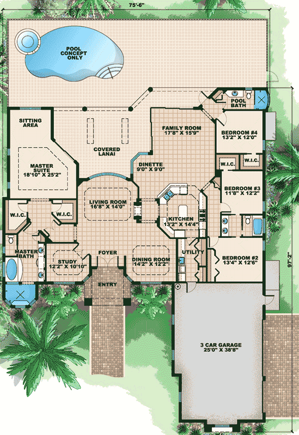 Plan 76018BW: Superb Master Suite - Floor Plan - Main Level - Florida-Style, Mediterranean