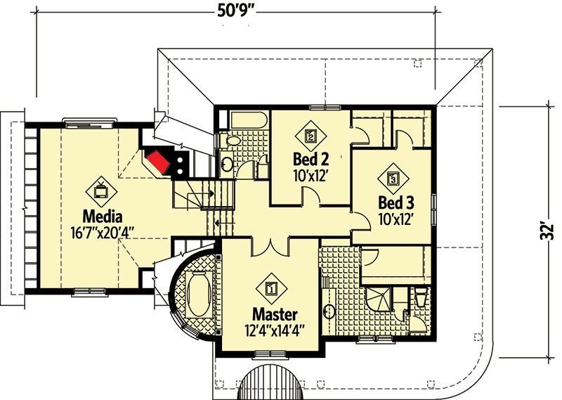 Plan 80463PM: Wrap-Around Porch and Media Room - Floor Plan - 2nd Floor - European