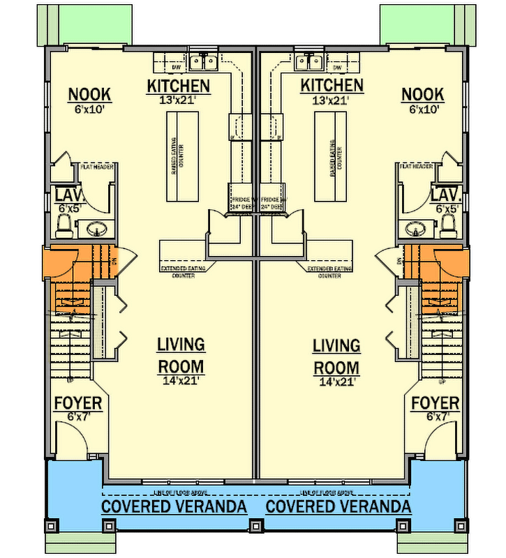 Plan 81620AB: Multi-Family Home with Shingles and Siding - Floor Plan - Main Level - Craftsman, Traditional