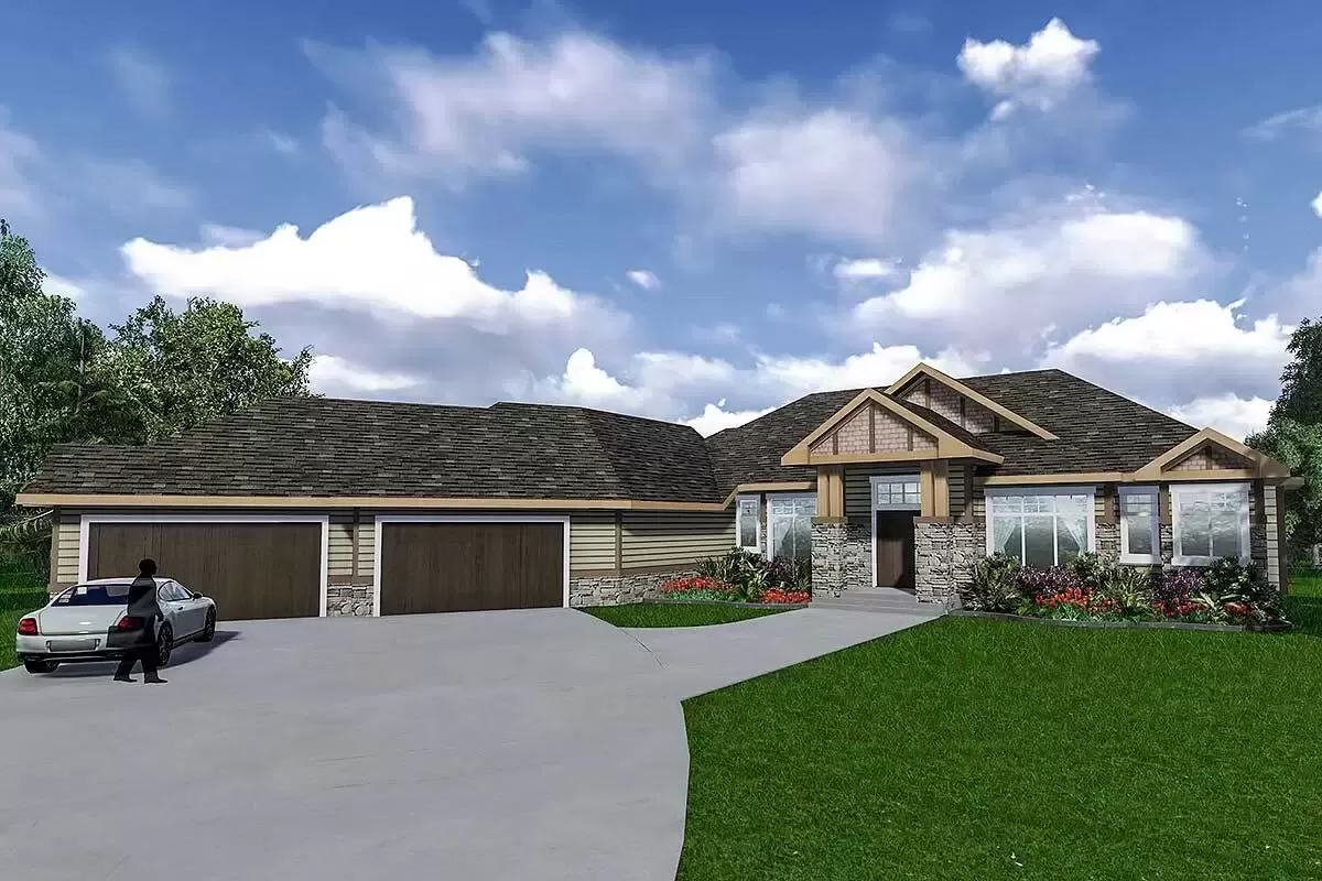 OneStory House Plan with Angled 4Car Garage Architectural Designs