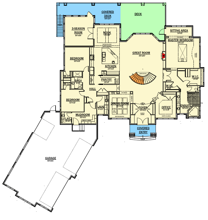 Plan 81646AB: One-Story House Plan with Angled 4-Car Garage - Architectural Designs - 3503 Sq Ft - Floor Plan - Main Level - Craftsman, Northwest