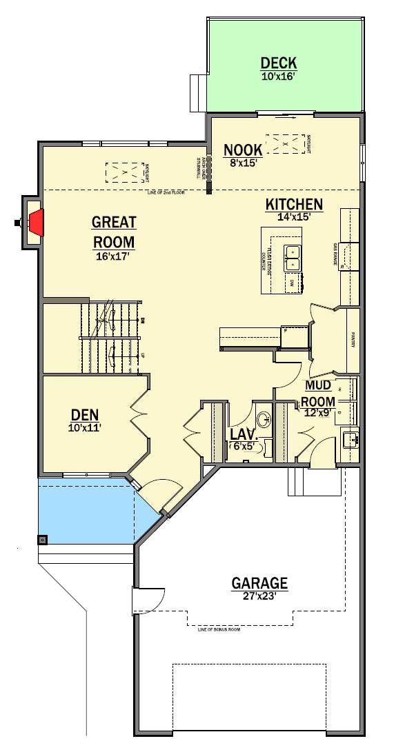 Plan 81673AB: Northwest House Plan with Bonus Room and Den - Floor Plan - Main Level - Northwest
