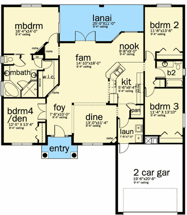 Plan 82092KA: One Story House Plan with Three or Four Bedrooms - 2013 Sq Ft - Floor Plan - Main Level - European, Florida-Style