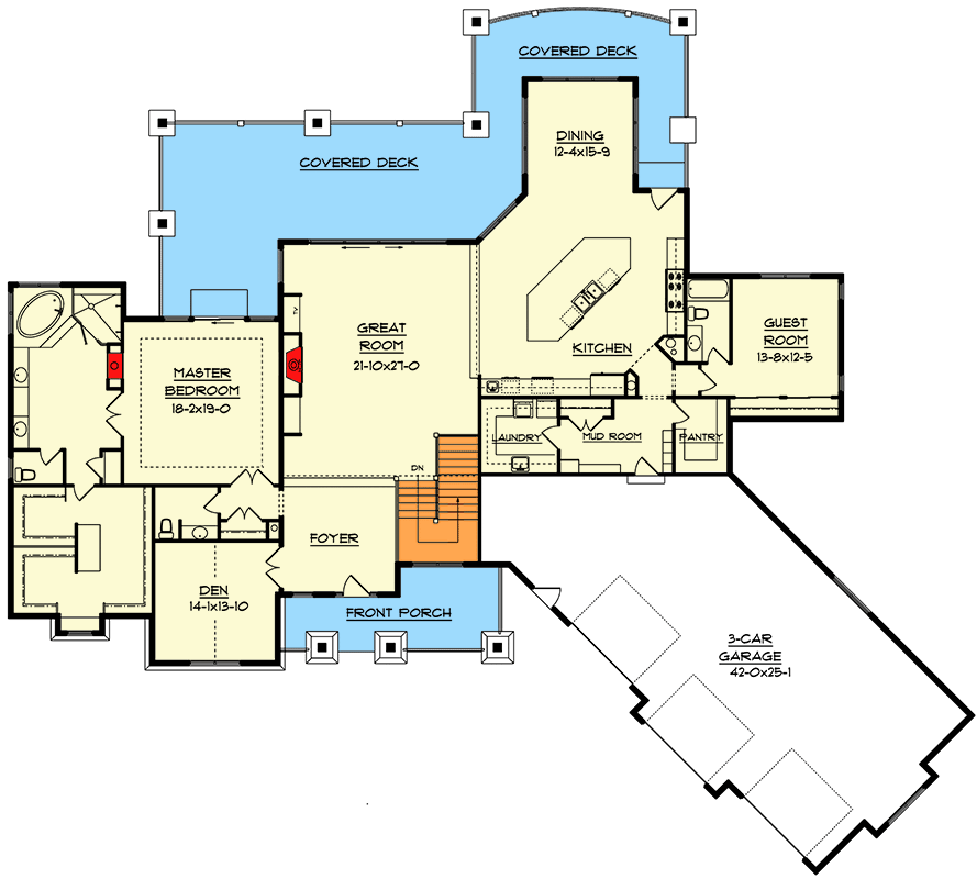 Plan 9526RW: 5723 Square Foot Mountain Craftsman with Lower Level Entertainment Zone - Floor Plan - Main Level - Craftsman, Mountain, Rustic