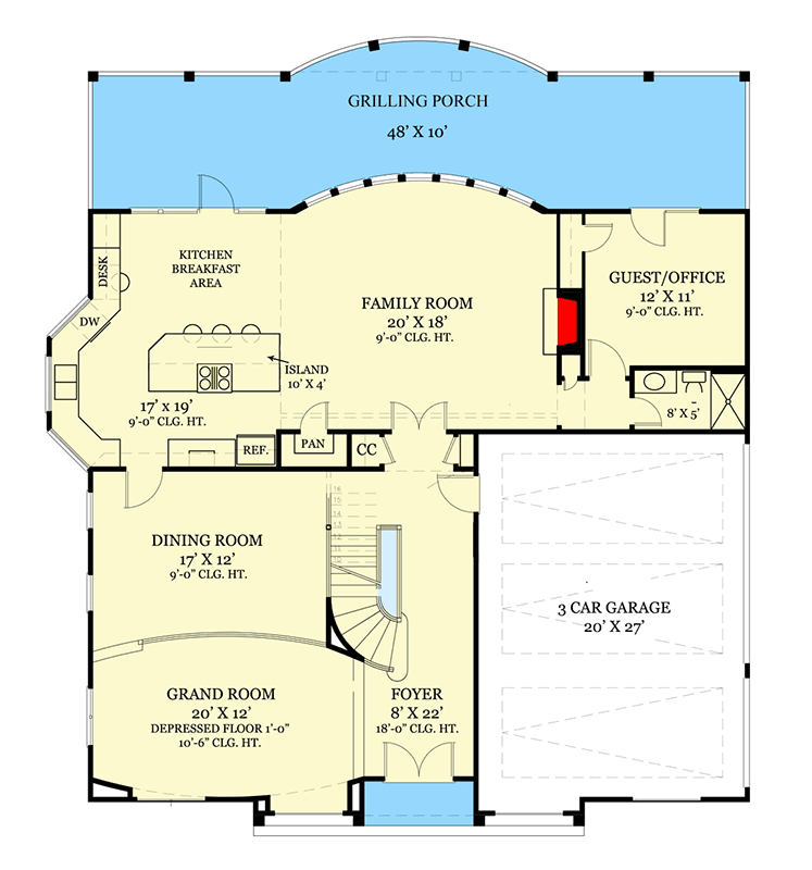 Plan 12237JL: Luxury Tuscan House Plan with 5 Bedrooms and Optional Finished Lower Level - 3073 Sq Ft - Floor Plan - Main Level - European, Mediterranean, Spanish, Tuscan